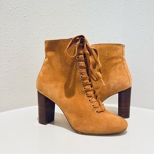 Sezane Alicia Suede Tan Heel Almond Toe Booties Size 37 NEW